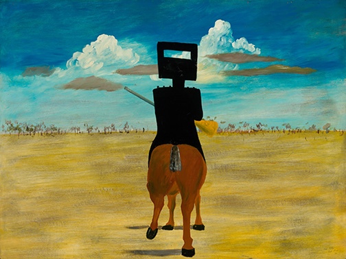 Sidney Nolan Ned Kelly 1946 from the Ned Kelly series 1946–47 enamel paint on composition board National Gallery of Australia, CanberraGift of Sunday Reed 1977