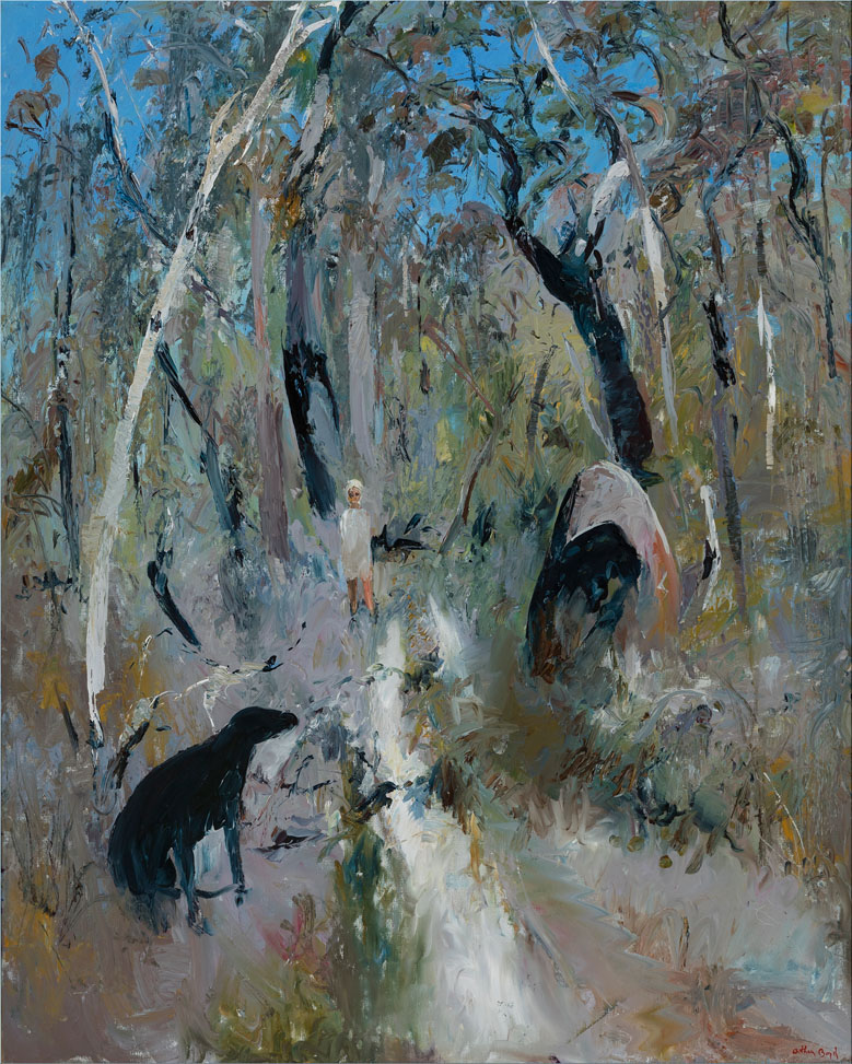 ArthurBoydBush landscape with child and dog 1980 85oil on canvasGeelong GalleryBequest of Wendy Dimmick, 2022© Bundanon Trust tbcPhotographer: Andrew Curtis