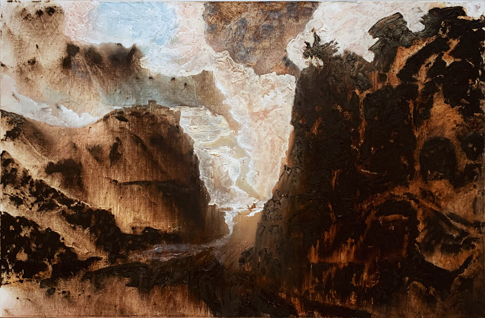 Mandy MartinAfter Salvator Rosa: landscape with Apollo and the Cumaen Sibyll2006oil, ochre and pigment on linenGeelong GalleryGift of Guy and Kim Abrahams through the Australian Government&rsquo;s Cultural Gifts Program, 2020&copy; Courtesy of the artist