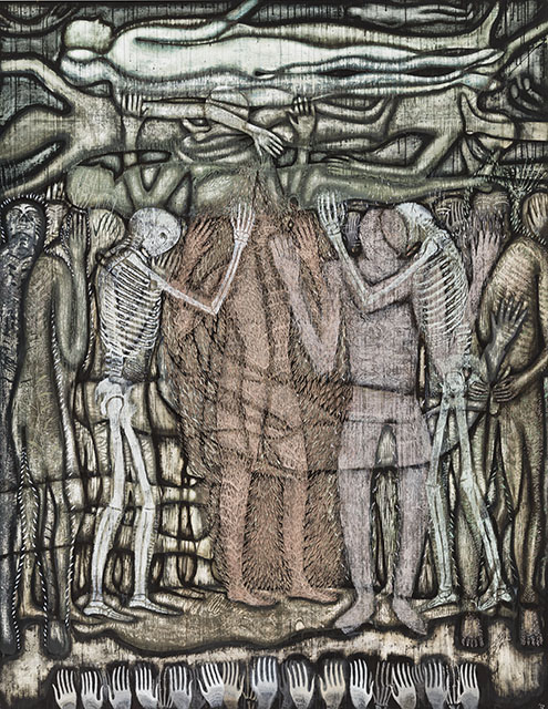 Peter GrahamUprising2008oil, woodcut and charcoal on canvasGeelong GalleryGift of Geoffrey Smith and Gary Singer through the Australian Government's Cultural Gifts Program, 2019&copy; Courtesy of the artistPhotographer: Andrew Curtis