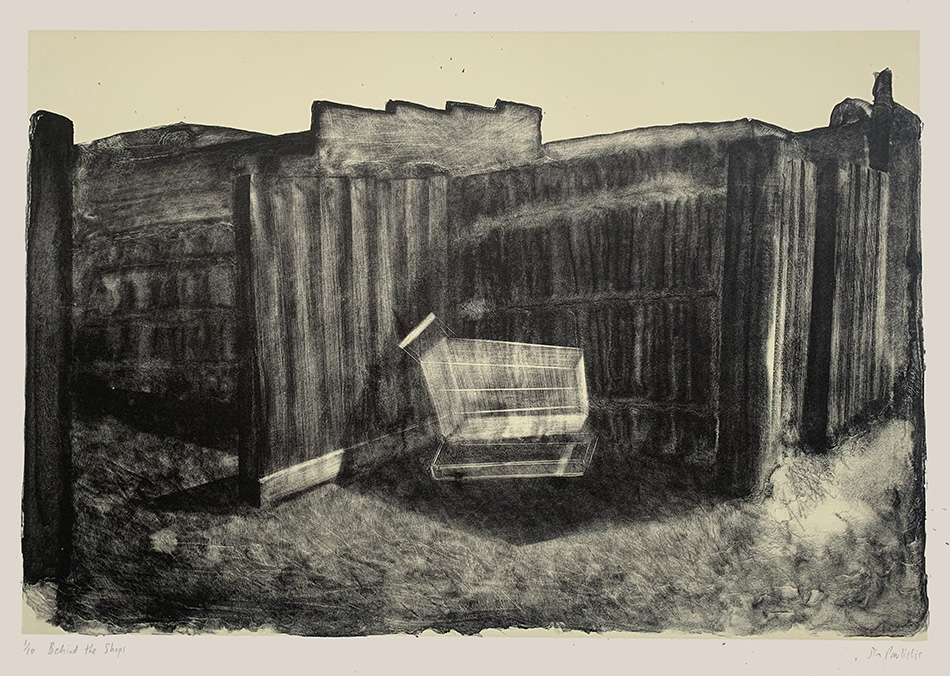 Jim PavlidisBehind the shops 2022lithograph; edition 3/10printed by Peter LancasterCourtesy of the artist and Queenscliff Gallery, Queenscliff/Wadawurrung Country