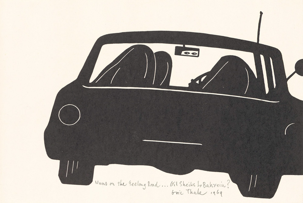 Eric Thake, Nuns on the Geelong Road...oil sheiks to Bahrein? 1969, linocut, Geelong Gallery, Purchased 1976, &copy; Estate of Eric Thake