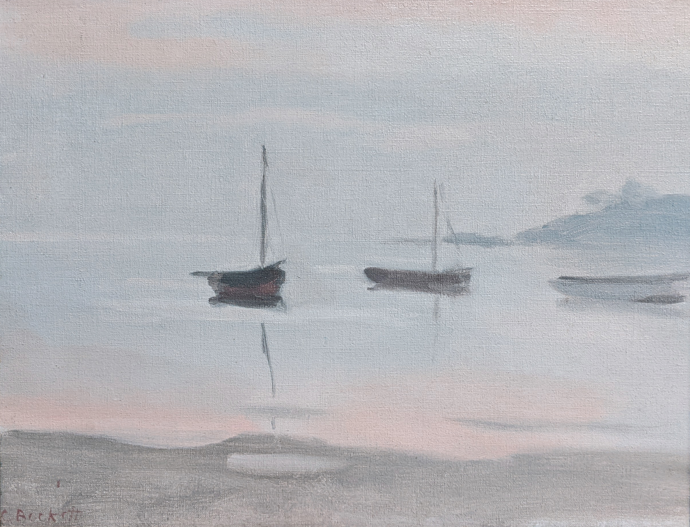 Painting of boats on the water at sunset